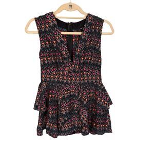 Nanette Lepore Top Womens 2 Black Multi Sleeveless V Neck Blouse Silk Geometric